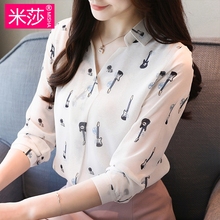 V领印花修身 新款 显瘦宽松百搭上衣女装 长袖 遮肚子雪纺衫 2019秋季