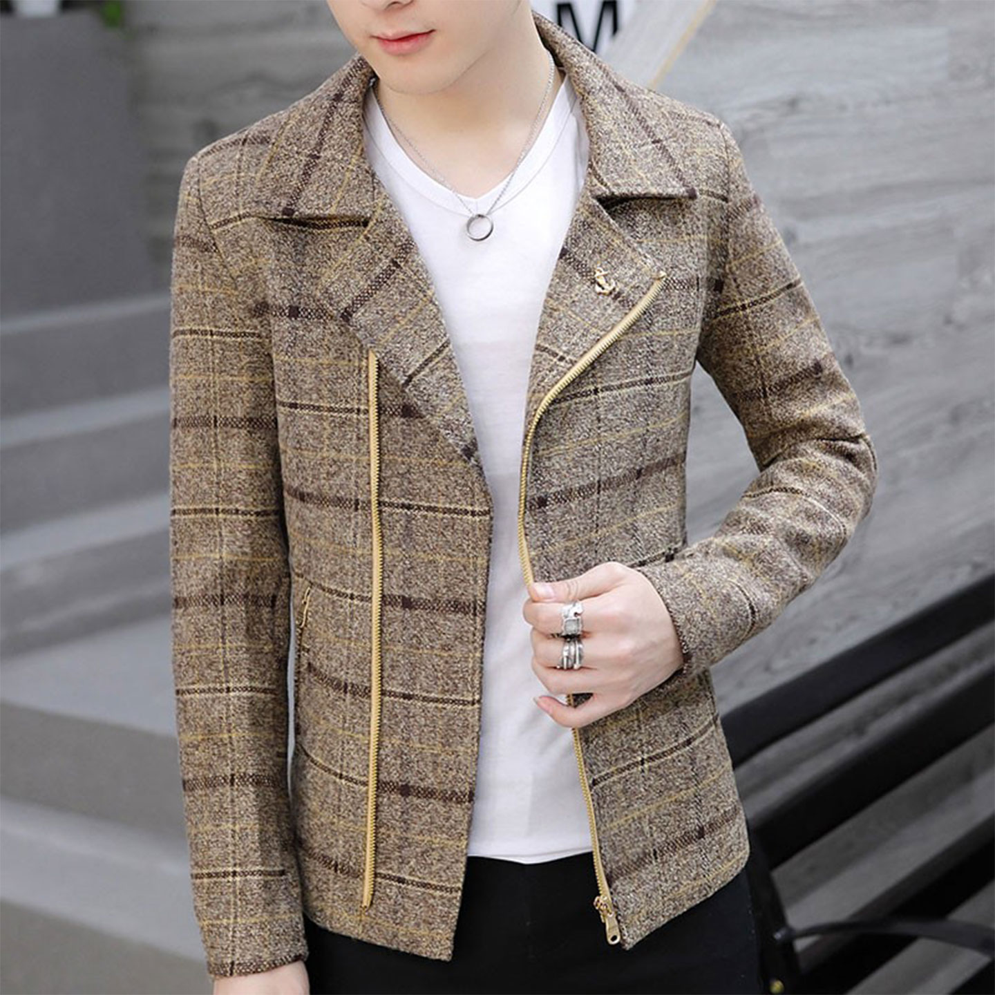 呢子设计感夹克痞帅西装领加绒