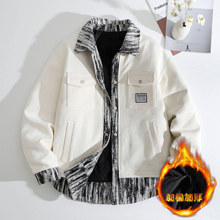 假两件夹克男翻领秋冬季港风加棉加厚设计感宽松男士休闲痞帅外套