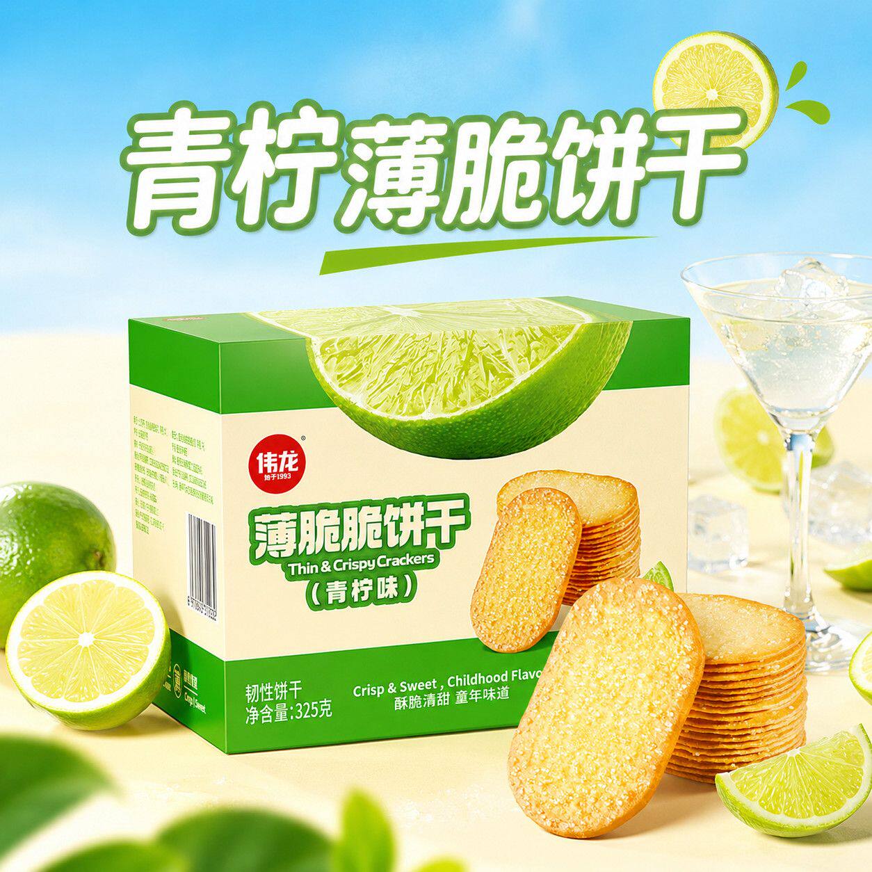 伟龙撒糖薄脆饼干325g椰奶青柠巧克力味办公室休闲零食韧性饼干