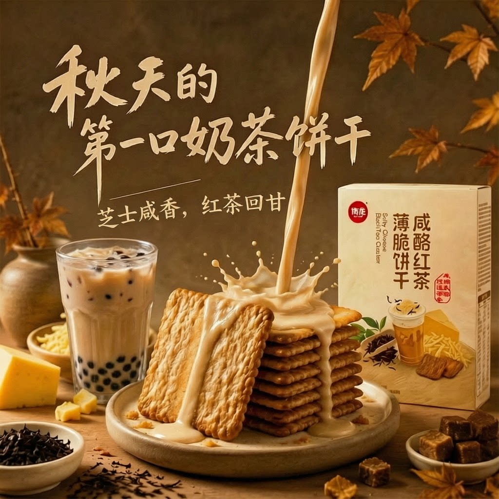 秋天的一杯奶茶味小饼干红茶芝士图片