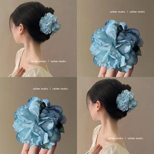 抓夹女2025新款高级感牡丹绢花抓夹后脑勺鲨鱼夹超仙氛围感发夹