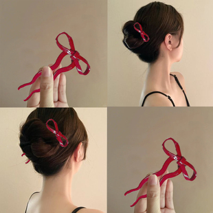 蝴蝶结U型发簪2025新款日常通勤可爱少女后脑勺盘发神器簪子发钗