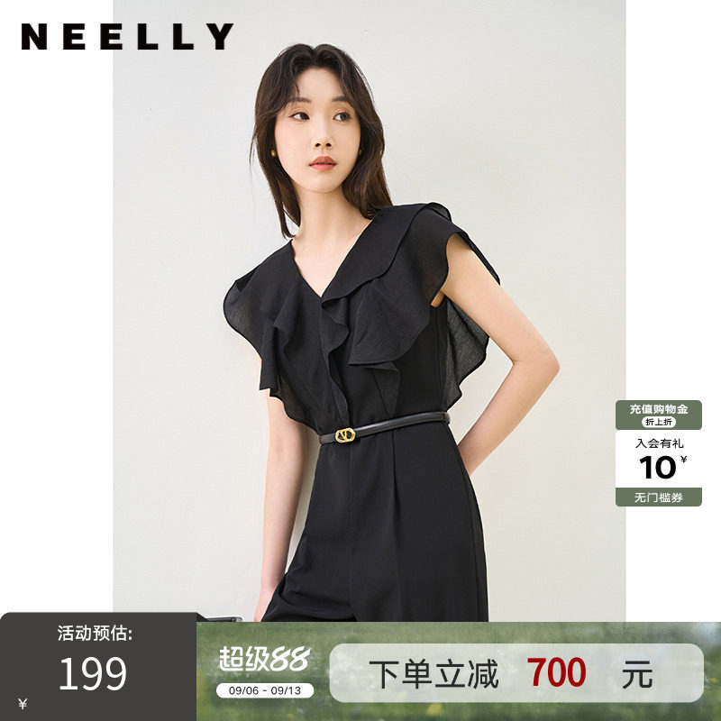 NEELLY纳俪商场同款夏季新款V领荷叶袖连体裤女垂感气质高腰款
