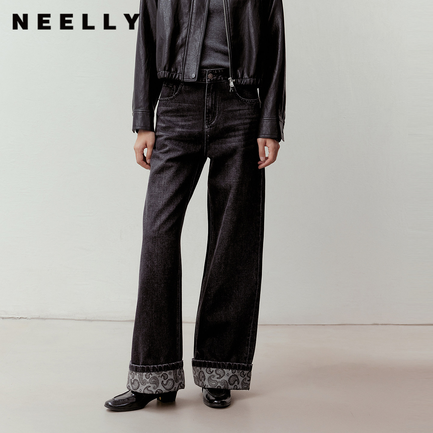 NEELLY纳俪商场同款秋季新款时髦拼接花纹阔腿裤女休闲复古直筒裤