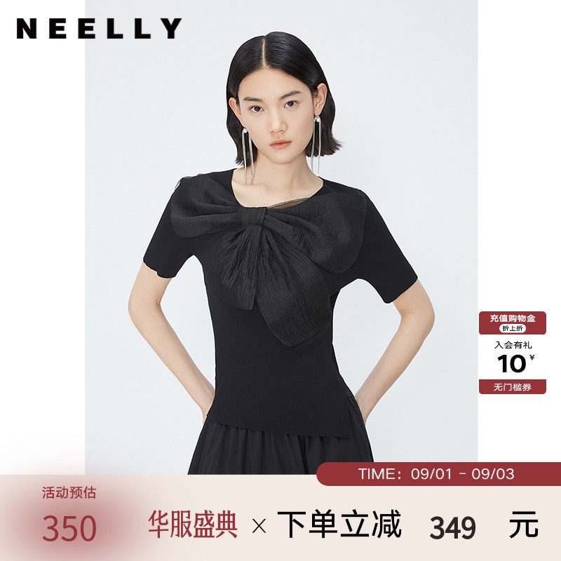 NEELLY纳俪商场同款夏季新款黑色套头针织衫女薄款网纱蝴蝶结上衣