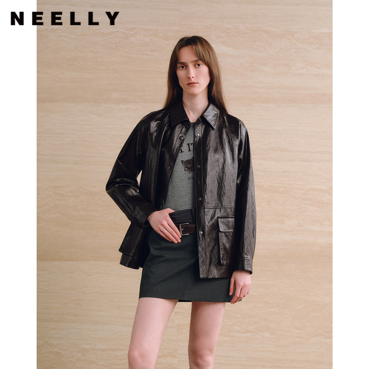NEELLY纳俪商场同款秋季新款复古松弛感外套女宽松休闲衬衫式夹克