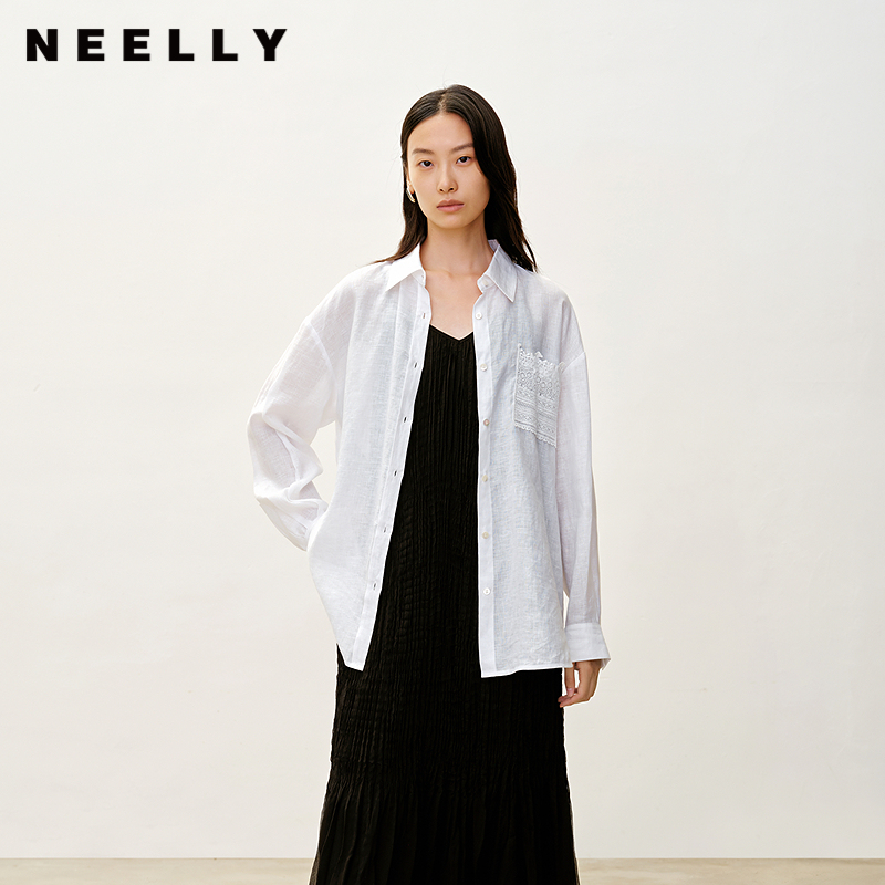 NEELLY纳俪商场同款秋冬新款经典休闲蕾丝拼接衬衫女百搭舒适外套
