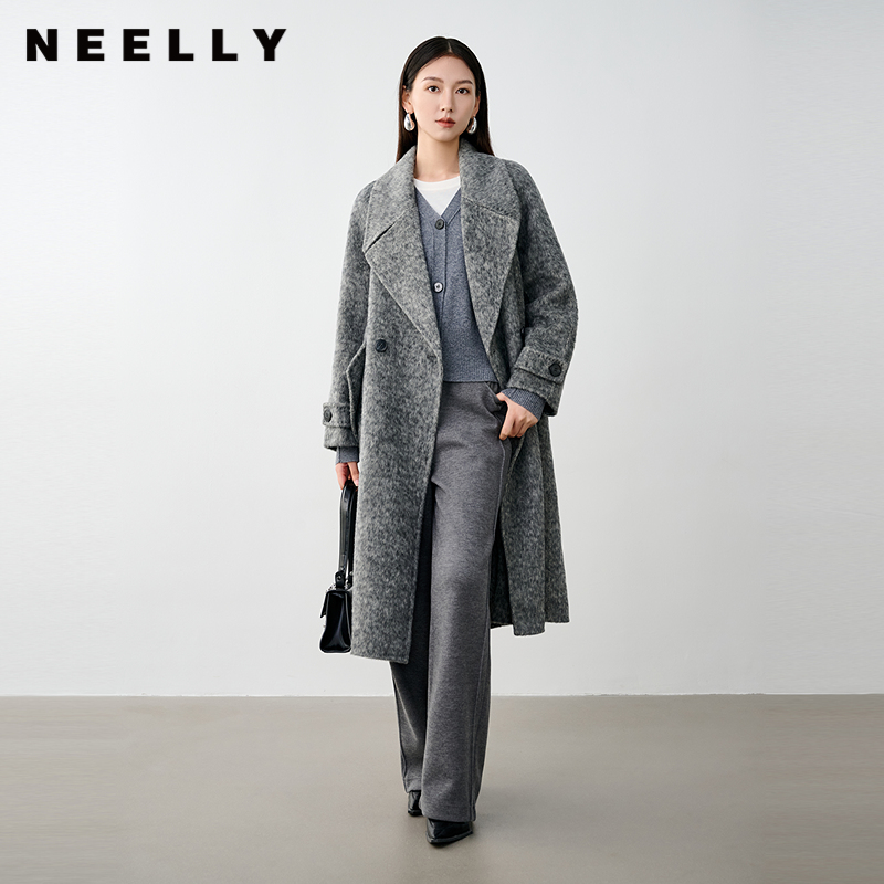NEELLY纳俪商场同款冬季新款高级感绵羊毛兔毛双面呢大衣女灰色