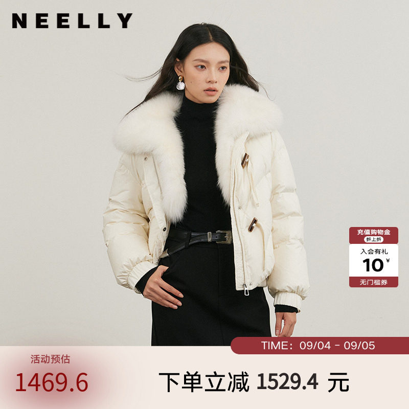 NEELLY纳俪商场同款冬新款狐狸毛领宽松羽绒服女90白鸭绒短款外套