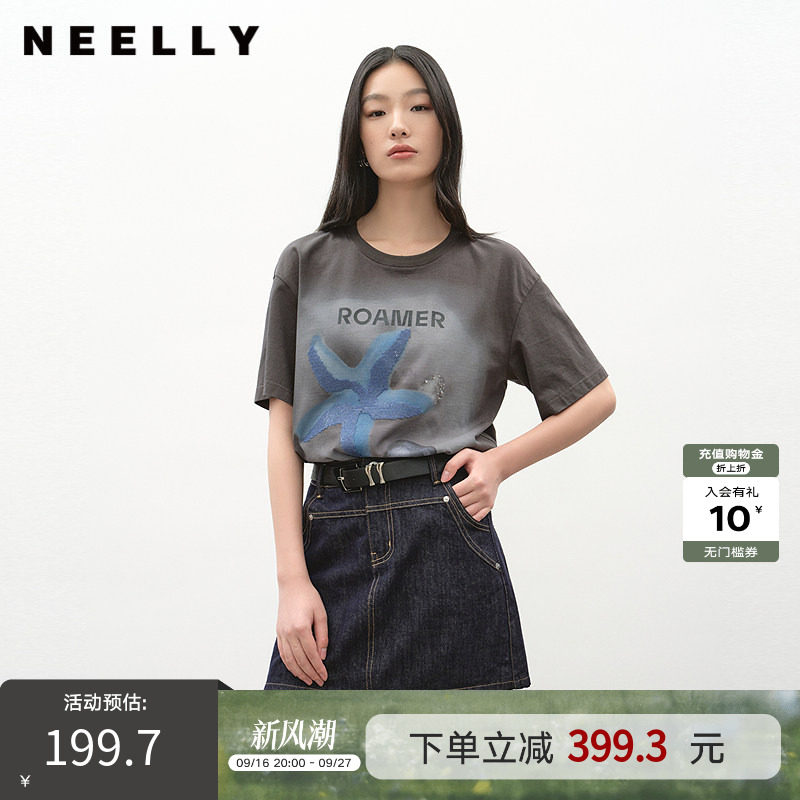 NEELLY纳俪商场同款夏季新款百搭圆领印花T恤女休闲简约透气上衣