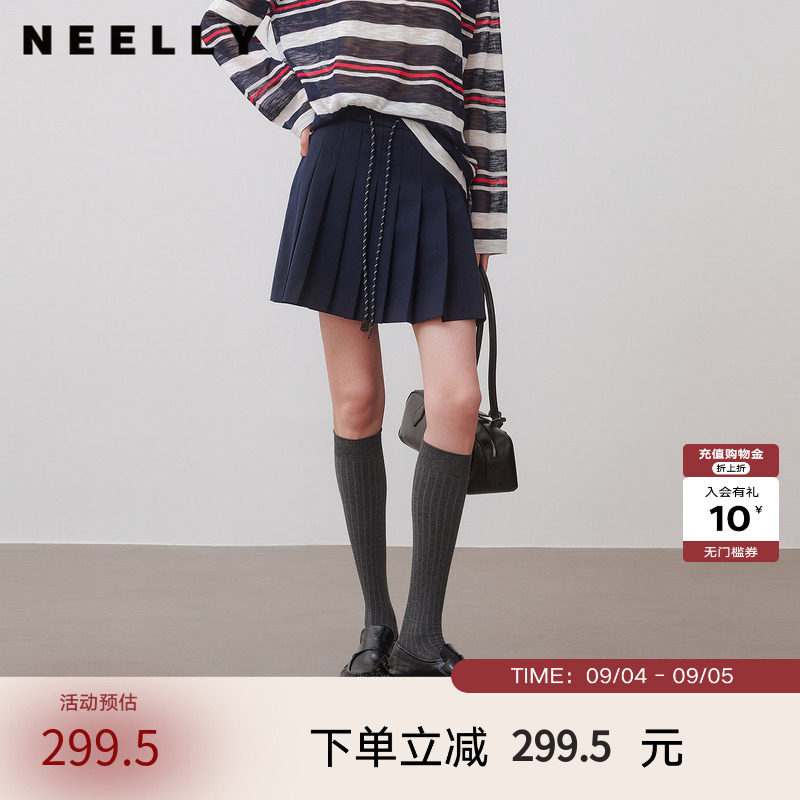 NEELLY纳俪商场同款秋新款设计感拼接百褶裙女休闲百搭趣味A字裙