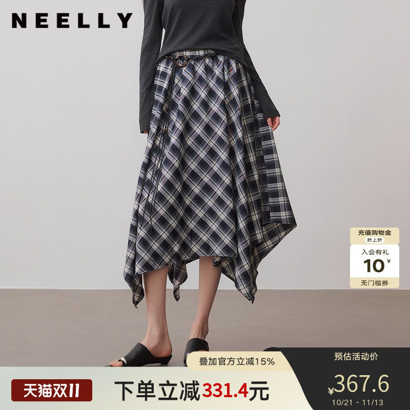 NEELLY纳俪商场同款秋新款复古斜格不规则半裙女慵懒都市感中长裙
