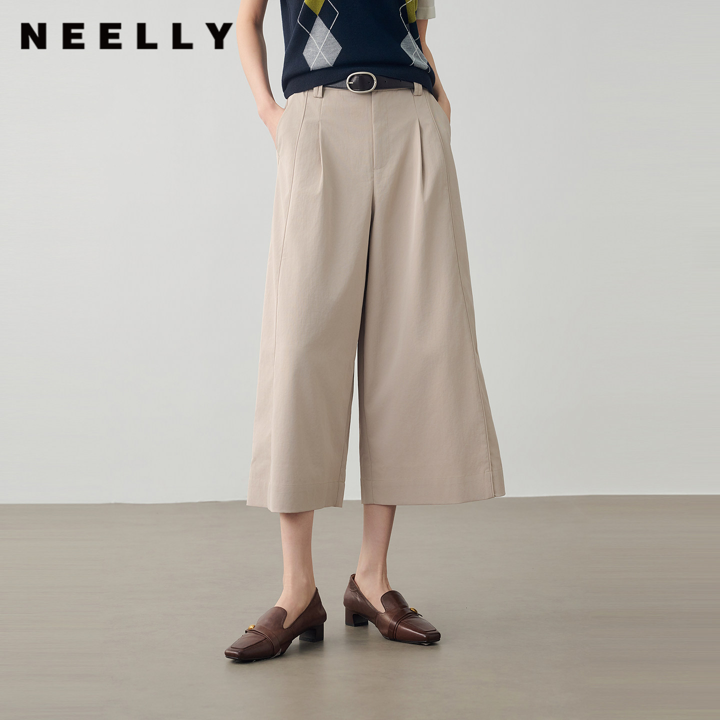 NEELLY纳俪商场同款秋季新款松弛阔腿七分裤女设计感宽松休闲裤