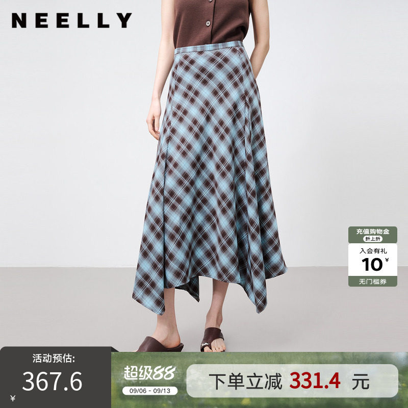 NEELLY纳俪商场同款夏新款蓝棕格纹半身裙女高腰显瘦不规则中长裙