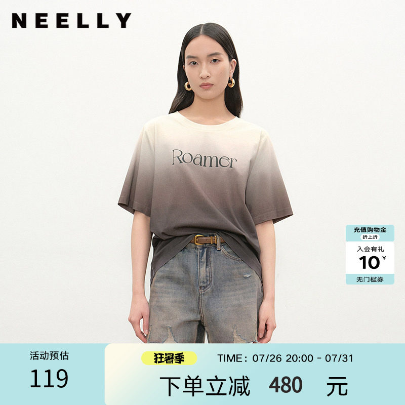 NEELLY纳俪商场同款夏季新款时尚渐变短袖字母T恤女圆领个性上衣