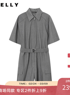 NEELLY纳俪商场同款夏新款灰色高级感工装风连体短裤女翻领休闲裤
