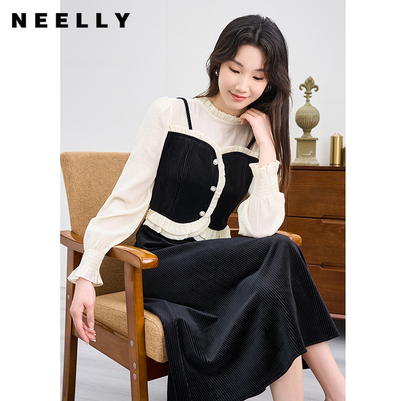 NEELLY纳俪荷叶领法式小众假两件连衣裙女温柔绝美显瘦惊艳小黑裙
