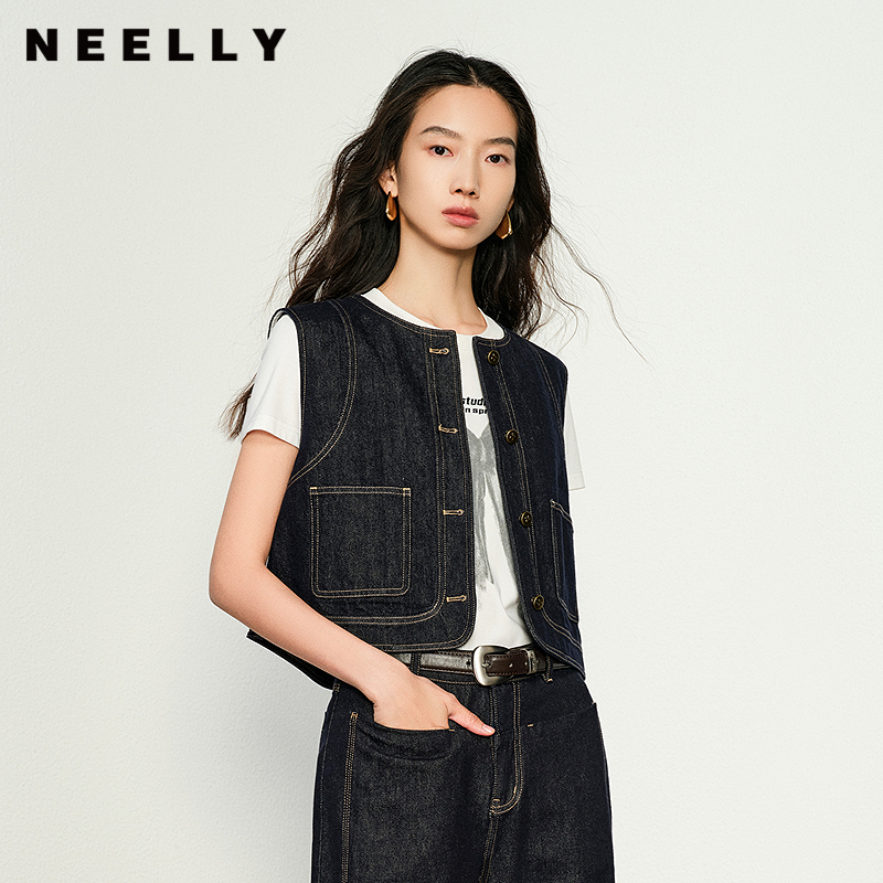 NEELLY纳俪商场同款秋冬新款复古牛仔显瘦马甲女百搭叠穿上衣