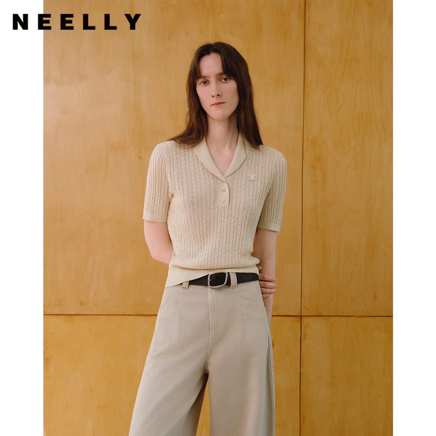 NEELLY纳俪商场同款秋季新款韩系翻领针织短袖女麻花肌理修身上衣
