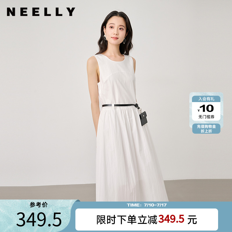 NEELLY纳俪商场同款夏季新款复古圆领连衣裙女收腰简约百搭长裙
