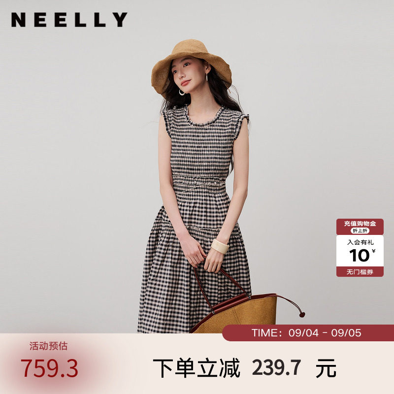 NEELLY纳俪商场同款夏新款复古黑白格连衣裙女无袖修身木耳边长裙