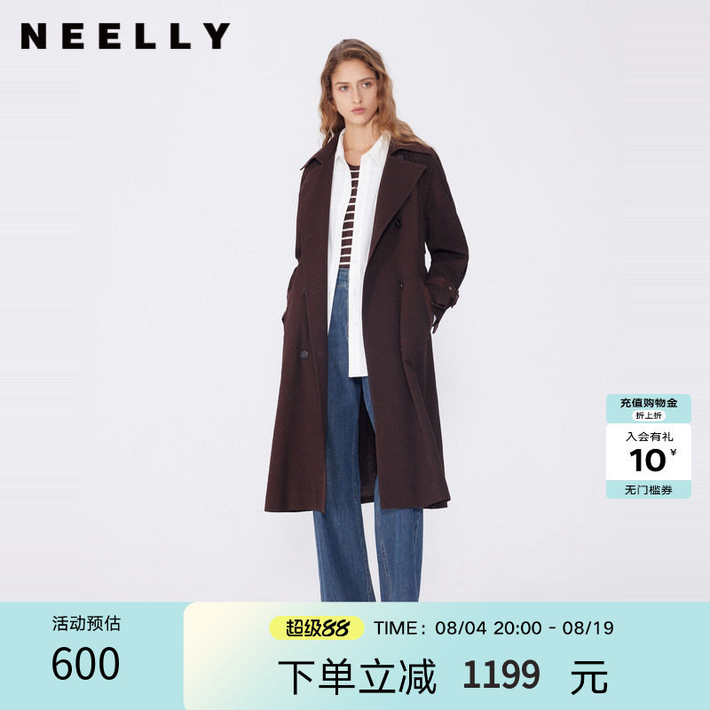 NEELLY纳俪春秋新款商场同款美拉德宽松双排扣风衣女复古长外套