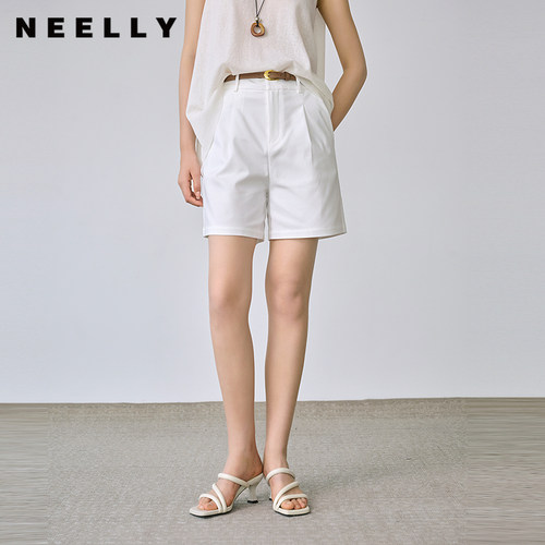 NEELLY纳俪商场同款夏季新款时尚休闲舒适短裤女简约高腰直筒短裤