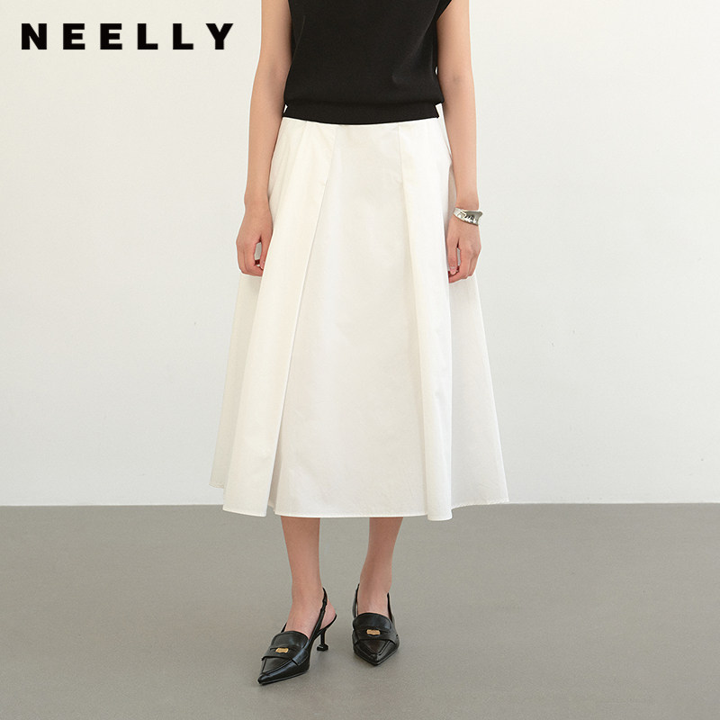 NEELLY纳俪商场同款夏季新款白色高腰气质半身裙女大裙摆A字长裙