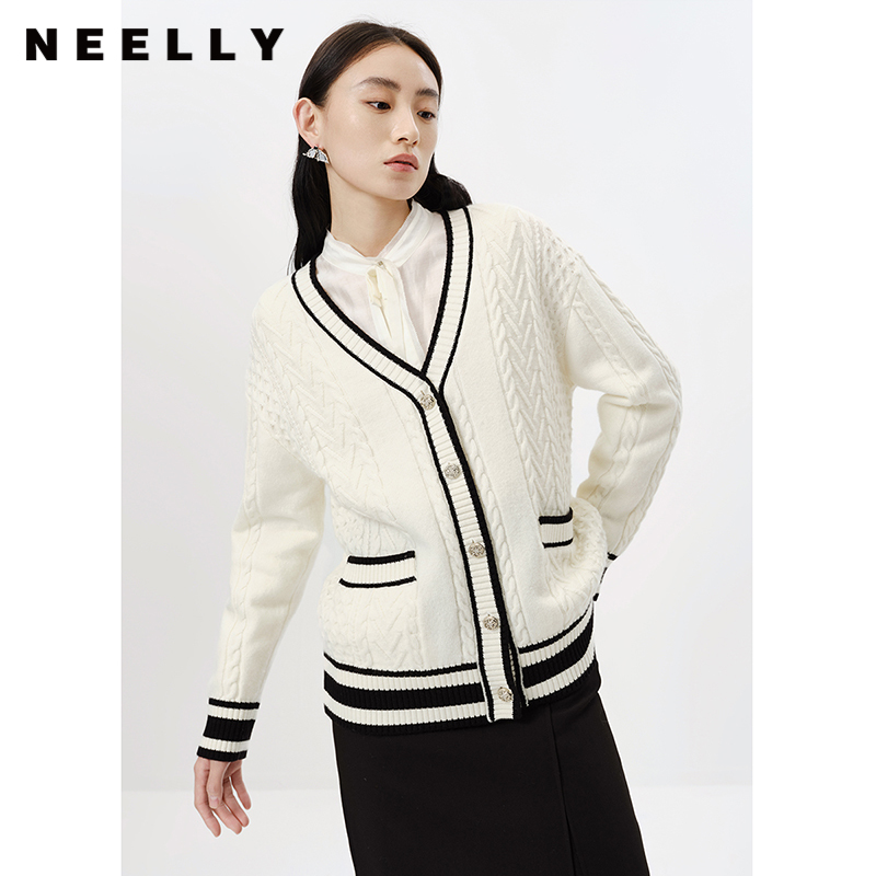 NEELLY纳俪商场同款撞色气质V领针织衫女秋冬新款时尚毛衣百搭