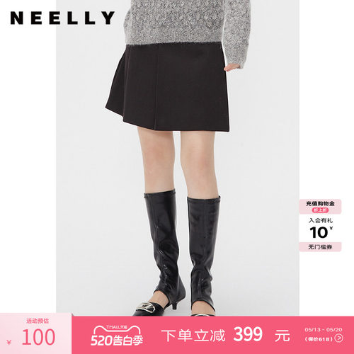 NEELLY纳俪商场同款春秋款百褶裙短裙女黑色简约通勤显瘦A字裙