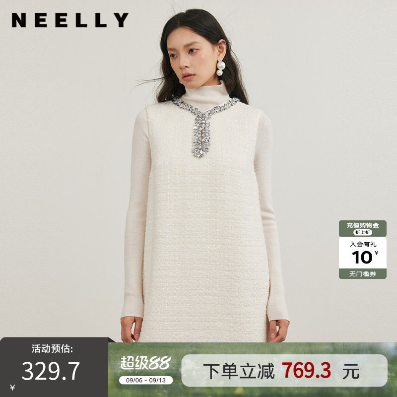 NEELLY纳俪商场同款冬季新款小香风圆领背心裙女直筒显瘦连衣裙