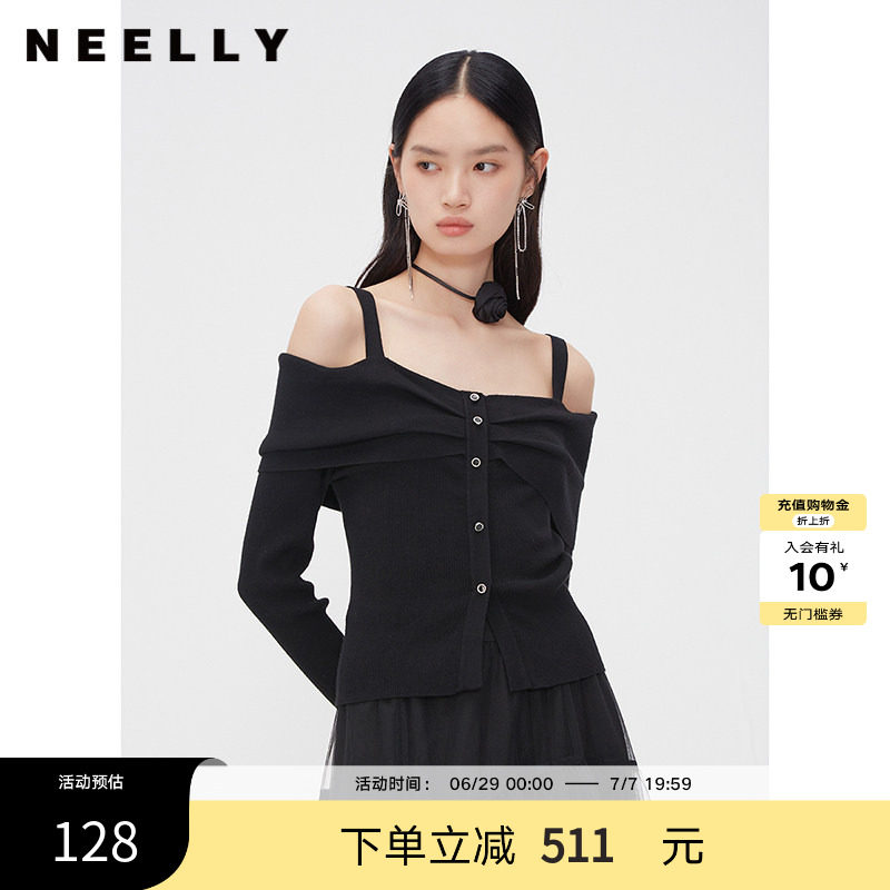 NEELLY纳俪商场同款春秋纯欲风一字领吊带上衣女黑色套头显瘦针织