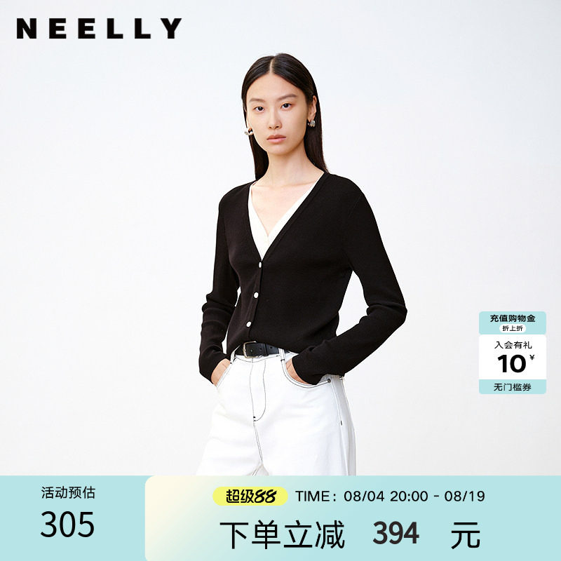 NEELLY纳俪商场同款秋冬新款撞色假两件V领针织衫女软糯舒适上衣
