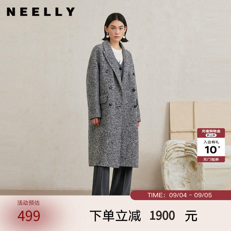 NEELLY纳俪商场同款冬季新款羊驼毛混纺高级感灰色长款大衣外套女