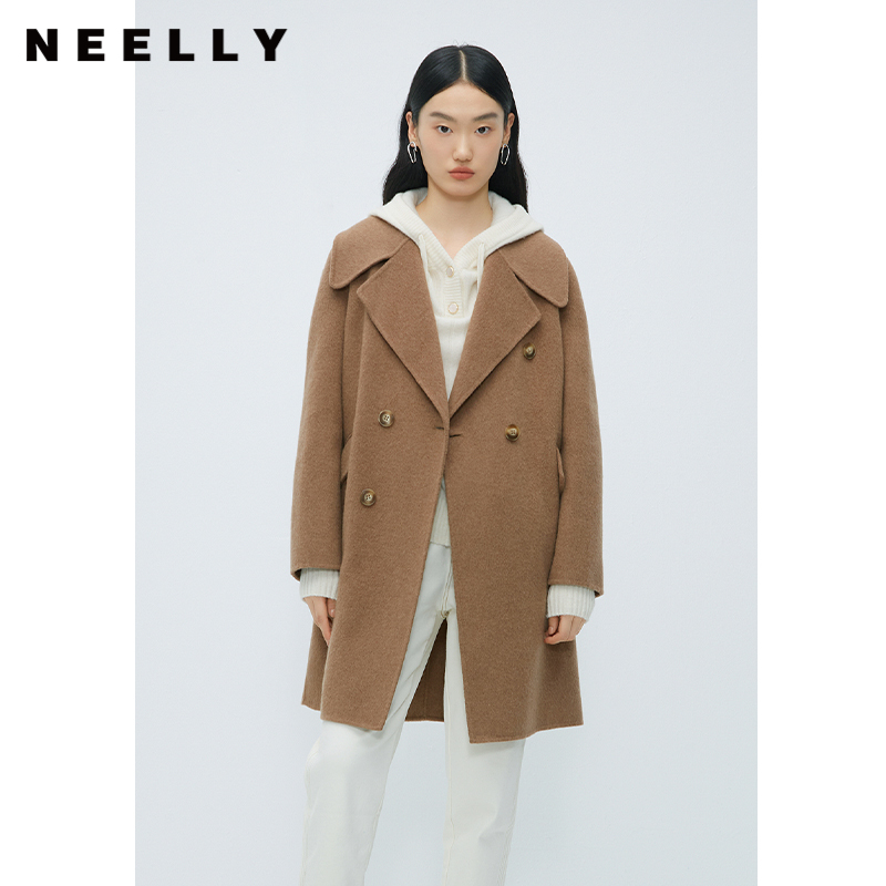 NEELLY纳俪商场同款骆驼绒羊毛大衣女双排扣西装领中长双面呢外套