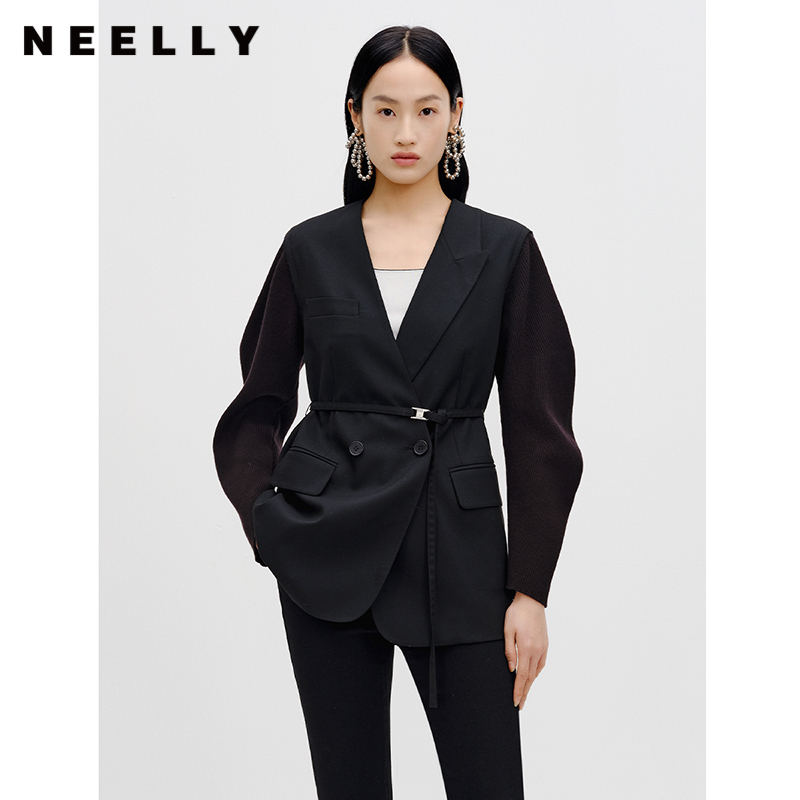 NEELLY纳俪商场同款黑色西装外套春新款双排扣系带高级气质感女