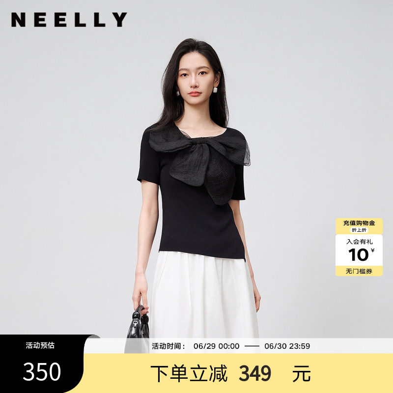 NEELLY纳俪商场同款夏新款法式气质蝴蝶结针织衫女修身显瘦短上衣