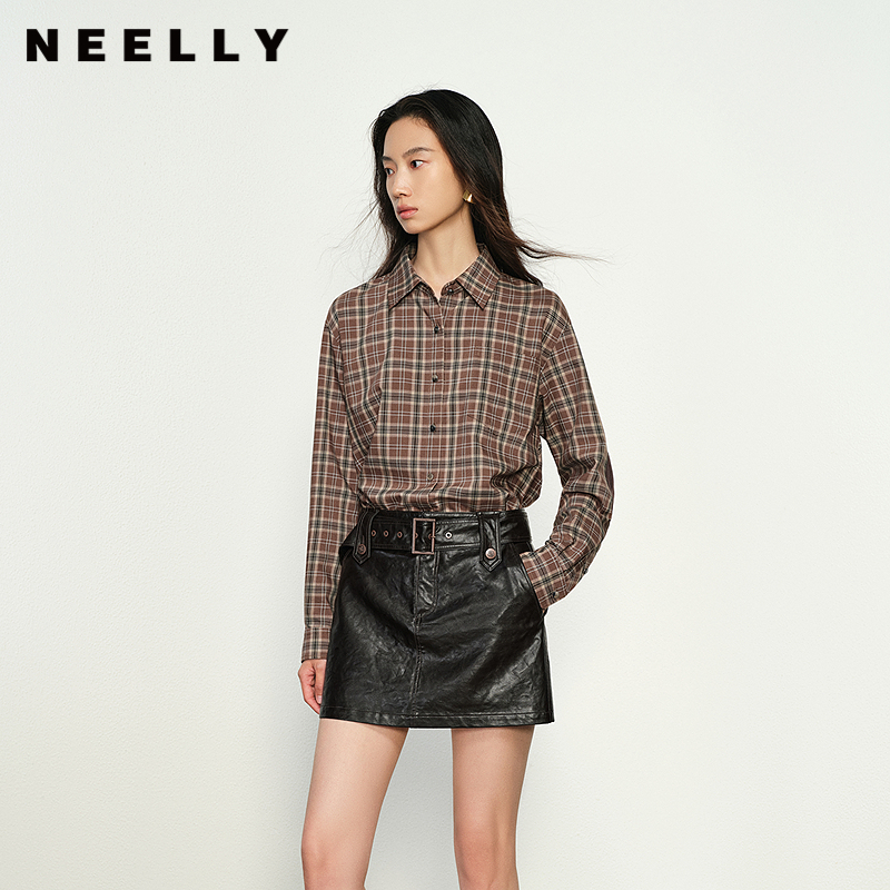 NEELLY纳俪商场同款秋冬新款时尚通勤格纹衬衫女长袖百搭外套
