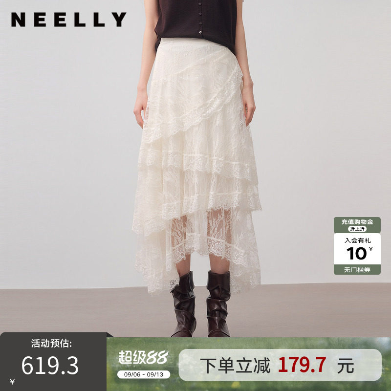 NEELLY纳俪商场同款秋新款不规则蕾丝半身裙女百搭显瘦飘逸A字裙
