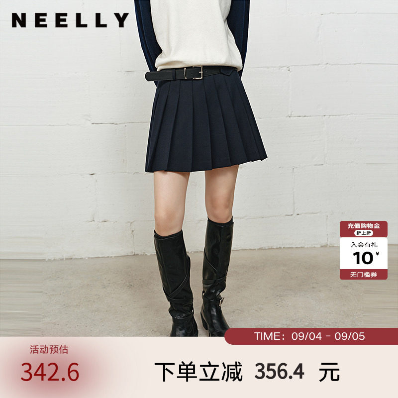 NEELLY纳俪商场同款冬季新款高腰显瘦百褶裙女学院风时髦百搭短裙