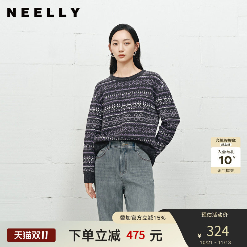 NEELLY纳俪商场同款冬季新款费尔岛提花毛衣女撞色宽松羊毛针织衫