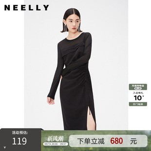 NEELLY纳俪商场同款春秋款黑色抽褶显瘦连衣裙女修身开叉长袖长裙