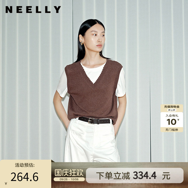 NEELLY纳俪商场同款春秋新款假两件休闲针织衫女百搭基础款上衣