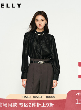 NEELLY纳俪商场同款春秋款高级感黑色珠光长袖衬衫女通勤宽松上衣