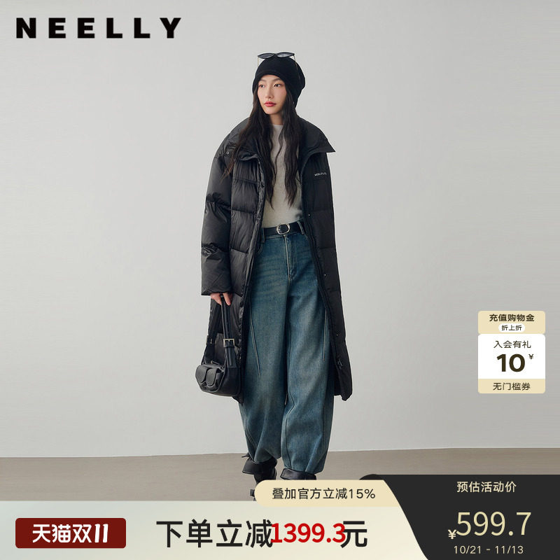 NEELLY纳俪商场同款冬新款气质直筒羽绒服女长款加厚保暖连帽外套