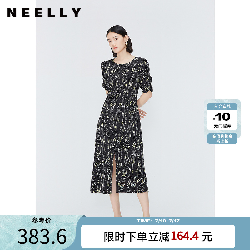 NEELLY纳俪韩版圆领印花连衣裙