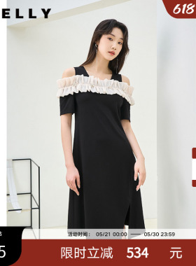 NEELLY纳俪商场同款夏季新款黑色法式露肩设计感连衣裙女显瘦长裙
