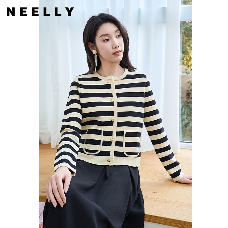 NEELLY纳俪金扣撞色条纹针织开衫女圆领时尚韩版长袖百搭通勤毛衣