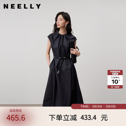 NEELLY纳俪商场同款夏季新款无袖收腰连衣裙女通勤显瘦抽绳款长裙